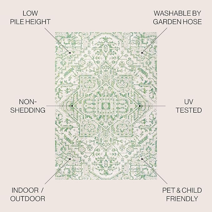 JONATHAN Y SMB105G-3 Estrella Bohemian Medallion Textured Weave Indoor Outdoor Area-Rug, Coastal Traditional Easy-Cleaning,Bedroom,Kitchen,Backyard,Patio,Non Shedding, 3 X 5, Green/Cream