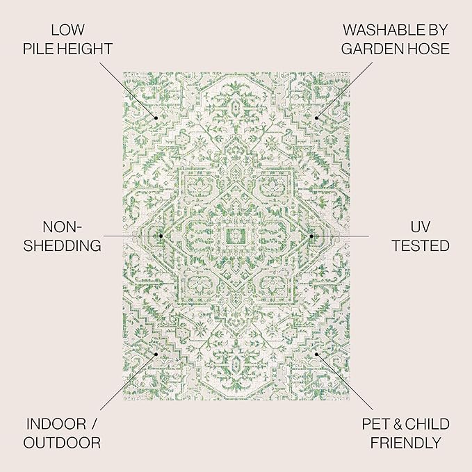 JONATHAN Y SMB105G-5 Estrella Bohemian Medallion Textured Weave Indoor Outdoor Area-Rug, Coastal Traditional Easy-Cleaning,Bedroom,Kitchen,Backyard,Patio,Non Shedding, 5 X 8, Green/Cream