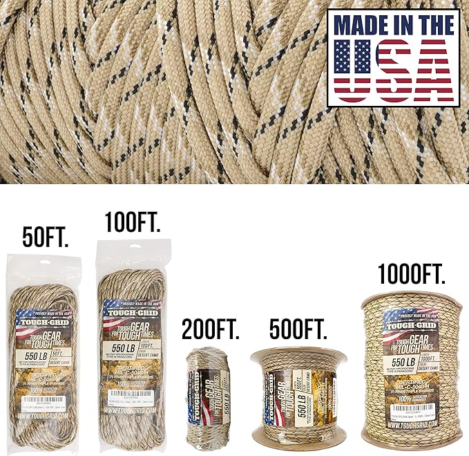 TOUGH-GRID Premium Desert Camo Paracord 550 lbs Made in USA Outdoor Survival Nylon Rope Tactical Heavy Duty Strands Parachute Cord Used by US Military Type III Mil-Spec