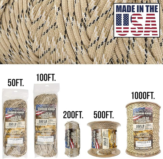 TOUGH-GRID Premium Desert Camo Paracord 550 lbs Made in USA Outdoor Survival Nylon Rope Tactical Heavy Duty Strands Parachute Cord Used by US Military Type III Mil-Spec