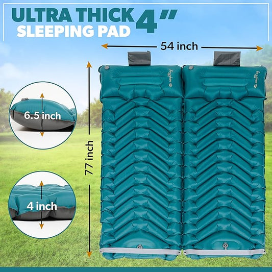 Double Sleeping Pad with Pillow, Self Inflating Extra-Thick, Ultralight Sleeping Mat, Built-in Pump, Ultimate for Camping, Hiking, Traveling, Airpad, Carry Bag, Compact & Lightweight Air Mattress