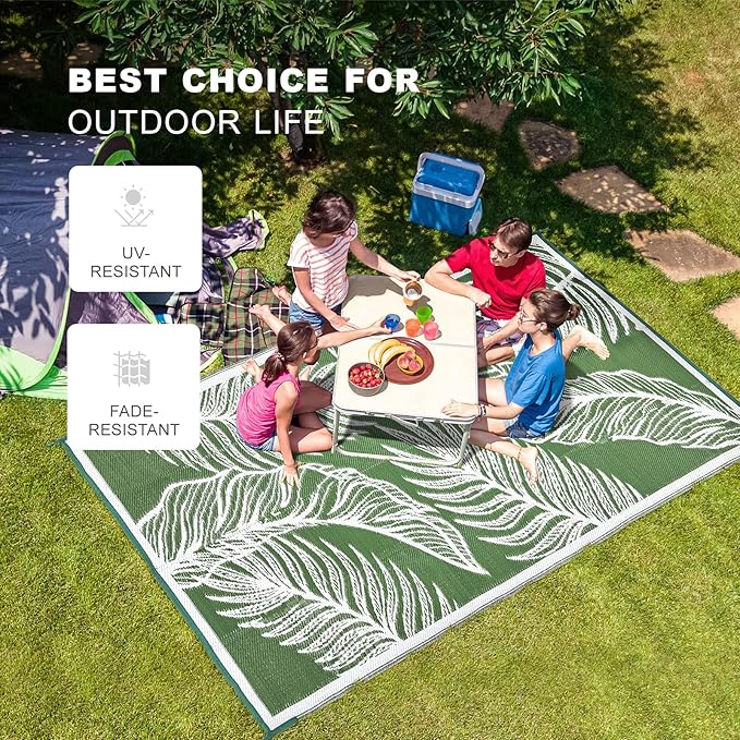 wikiwiki Outdoor Rug, 9x12ft Waterproof Reversible Mat Indoor Outdoor Rugs Carpet, Small Area Rug Plastic Straw Rug for Patio Deck Balcony Pool RV Camping Beach Picnic, Green, Rugscape Series