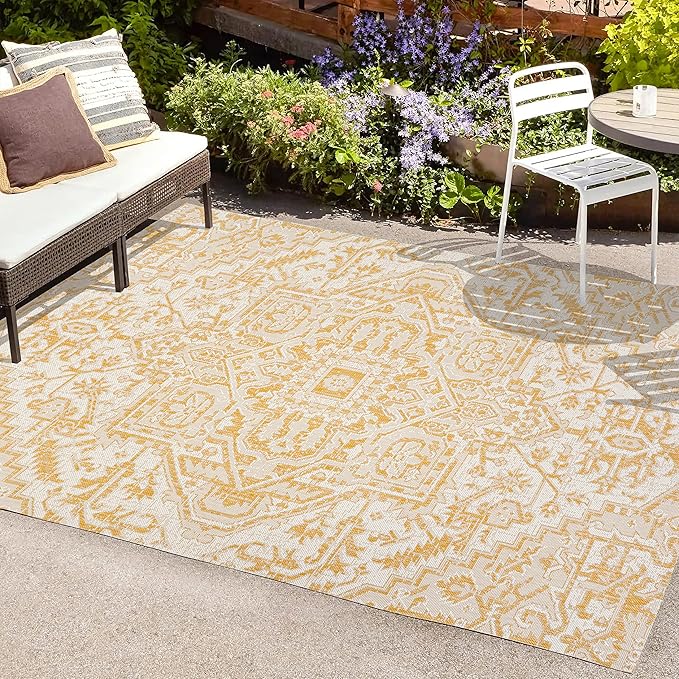 JONATHAN Y SMB105H-5 Estrella Bohemian Medallion Textured Weave Indoor Outdoor Area-Rug, Coastal Traditional Easy-Cleaning,Bedroom,Kitchen,Backyard,Patio,Non Shedding, 5 X 8, Cream/Yellow