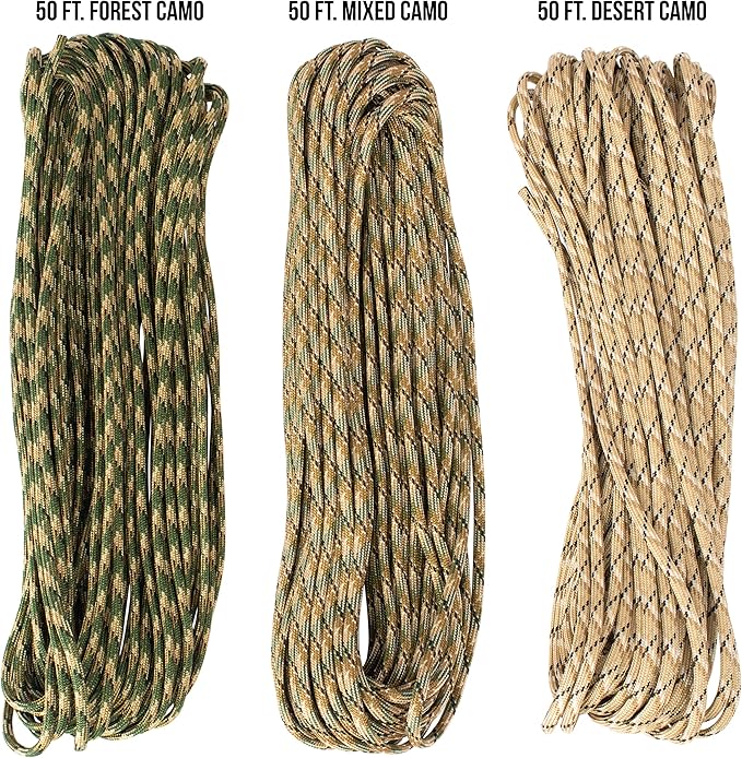 TOUGH-GRID Premium 550lb Paracord Rope - 150ft - Camo Tri-Pack - 100% Nylon Type III Mil-Spec - UV & Abrasion Resistant - Heavy Duty Strands - Outdoor Survival Rope - Used by US Military -Made in USA