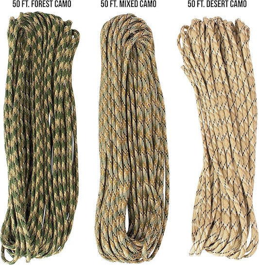 TOUGH-GRID Premium 550lb Paracord Rope - 150ft - Camo Tri-Pack - 100% Nylon Type III Mil-Spec - UV & Abrasion Resistant - Heavy Duty Strands - Outdoor Survival Rope - Used by US Military -Made in USA