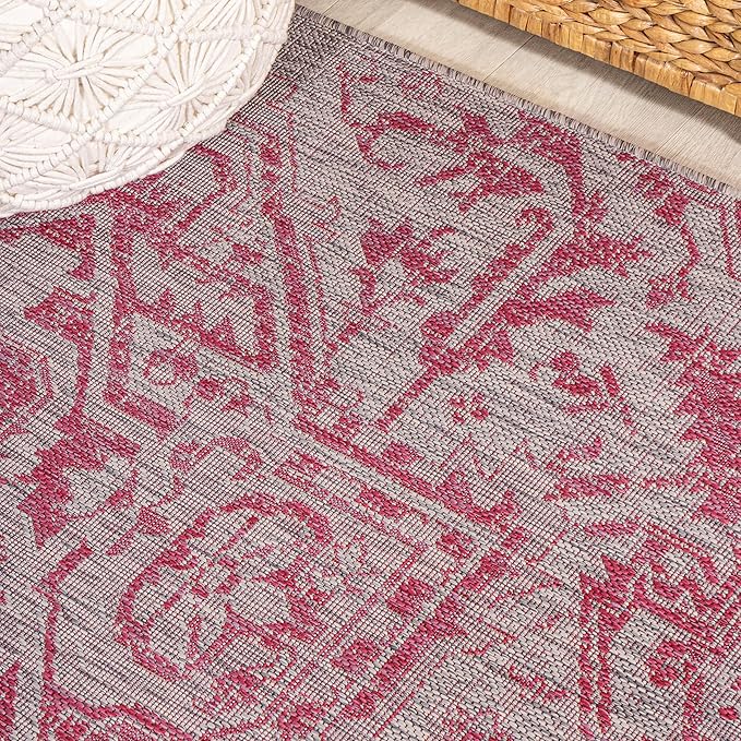 JONATHAN Y SMB105F-5SQ Estrella Bohemian Medallion Textured Weave Indoor Outdoor Area Rug, Coastal Traditional,Bedroom,Kitchen,Backyard,Patio, Light Gray/Fuchsia, 5' Square