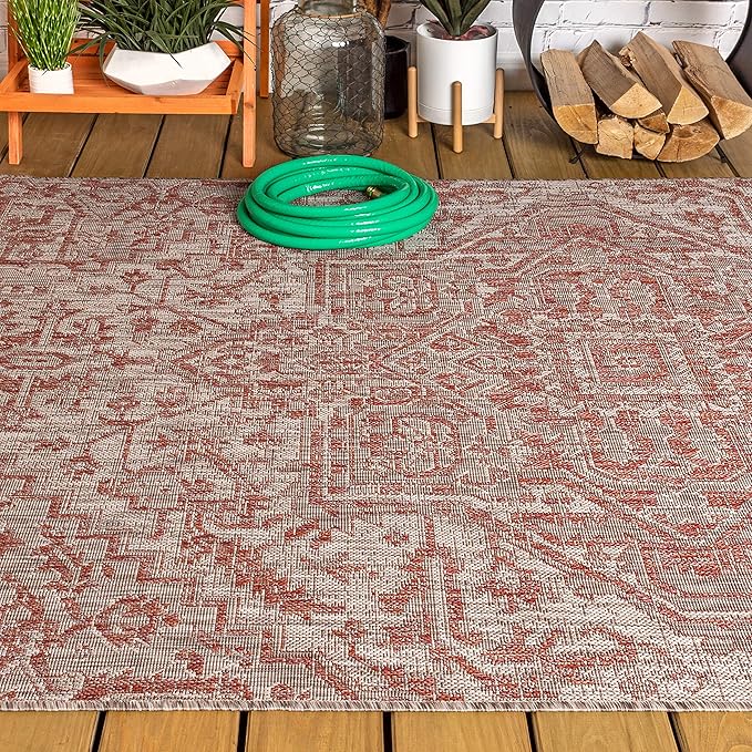 JONATHAN Y SMB105A-9 Estrella Bohemian Medallion Textured Weave Indoor Outdoor Area-Rug Coastal Bohemian Rustic Glam Easy-Cleaning Bedroom Kitchen Backyard Patio Non Shedding, 9 X 12, Red/Taupe