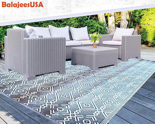 BalajeesUSA Outdoor Rugs 6'x9' Grey Patio decore Reversible Waterproof Portable Camper Awning mats for Outside Your RV Porch Backyard Deck Tent Balcony Picnic Beach 7049