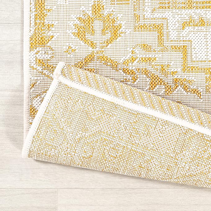 JONATHAN Y SMB105H-28 Estrella Bohemian Medallion Textured Weave Indoor Outdoor Runner Rug, Coastal Traditional Transitional Easy Cleaning,Bedroom,Kitchen,Backyard,Patio, Cream/Yellow, 2 X 8