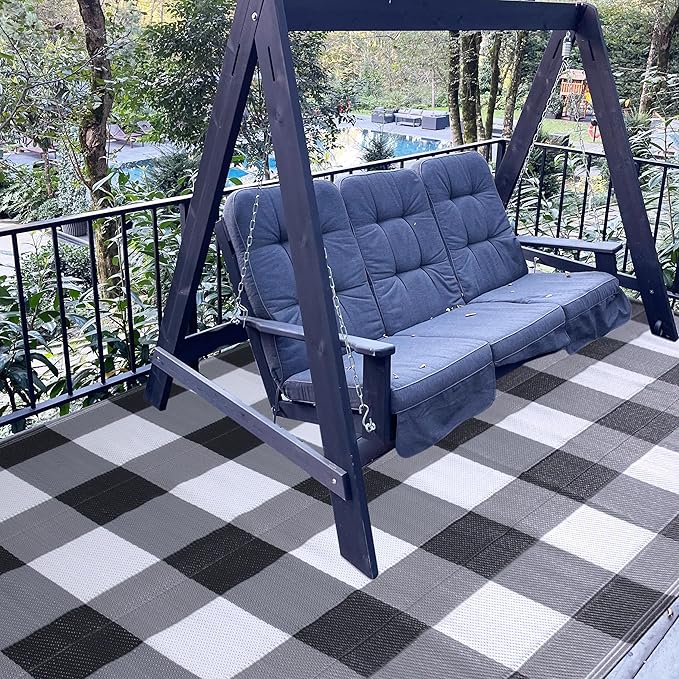 RURALITY Outdoor Rugs 8x10 Waterproof for Patios Clearance,Plastic Straw Mats for Backyard,Porch,Deck,Balcony,Reversible,Black&White&Grey