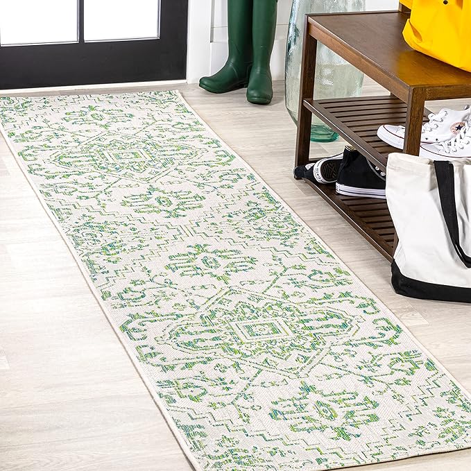 JONATHAN Y SMB105G-28 Estrella Bohemian Medallion Textured Weave Indoor Outdoor Runner Rug, Coastal,Traditional,Transitional Easy Clean,Bedroom,Kitchen,Backyard,Patio, Non-Shed, Green/Cream, 2 X 8