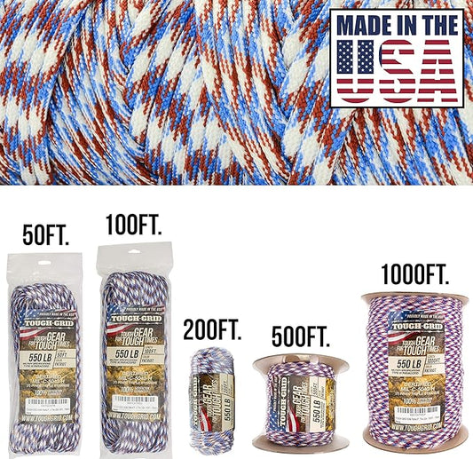 TOUGH-GRID Premium Patriot Paracord 550 lbs Made in USA Outdoor Survival Nylon Rope Tactical Heavy Duty Strands Parachute Cord Used by US Military Type III Mil-Spec