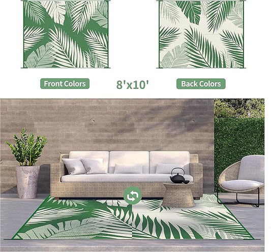 GENIMO Outdoor Rug 8' x 10' Waterproof for Patios Clearance, Reversible Outdoor Plastic Straw Camping Rug Carpet, Large Area Rugs Mats for RV, Picnic, Backyard, Deck, Balcony, Porch, Dark Green&White