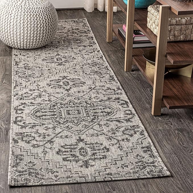 JONATHAN Y SMB105D-210 Estrella Bohemian Medallion Textured Weave Indoor Outdoor Runner Rug Coastal Bohemian Rustic Glam Easy-Cleaning Bedroom Kitchen Backyard Patio Non Shedding, 2 X 10, Black/Gray