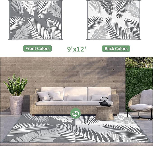 GENIMO Outdoor Rug 9' x 12' Waterproof for Patios Clearance, Reversible Plastic Straw Camping Carpet, Large Area Rugs Mats RV, Picnic, Backyard, Deck, Balcony, Porch, Beach, Grey&White