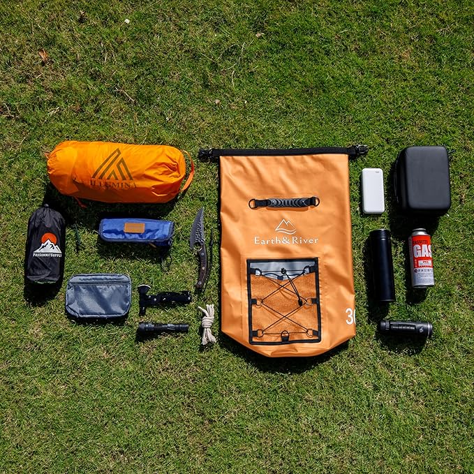 EARTH&RIVER Premium Dry Bag Backpack, Extra Thick, Protection for All Water Activities & Camping, Floating Lightweight Dry Bag with Inside Pocket Storage & IPX8 Waterproof Phone Case (Orange, 30L)