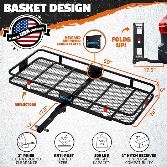 Mockins 60"x20"x6" Trailer Hitch Cargo Carrier w/16 CuFt Soft Vinyl Waterproof Cargo Bag & 4 Packing Cubes | 500 Lbs. Capacity Folding Luggage Rack for SUV/Car & Waterproof Truck Bed Storage Bag Set