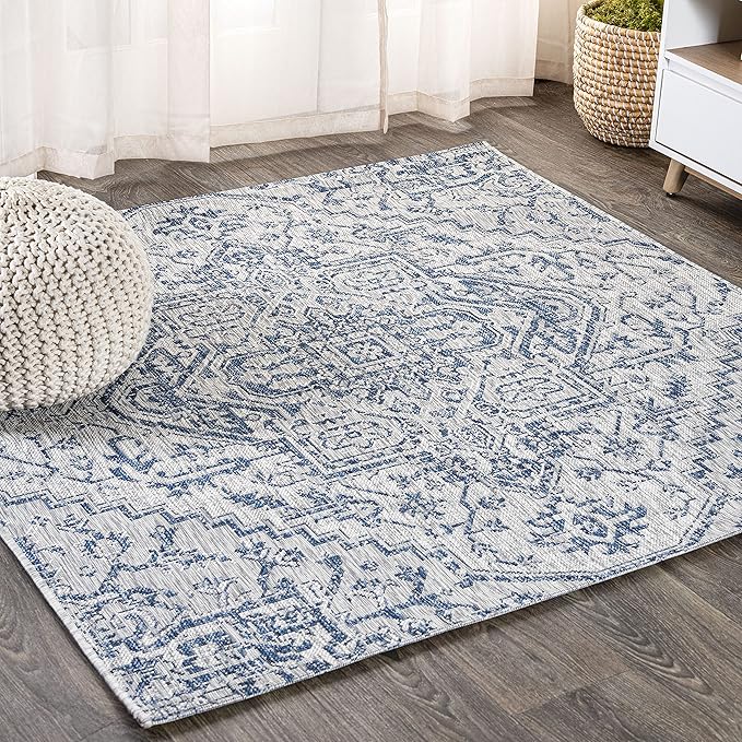 JONATHAN Y SMB105B-9SQ Estrella Bohemian Medallion Textured Weave Indoor/Outdoor Area Rug, Coastal, Traditional, Vintage for Bedroom, Kitchen, Living Room, Easy-Cleaning, Navy/Gray, 9' Square