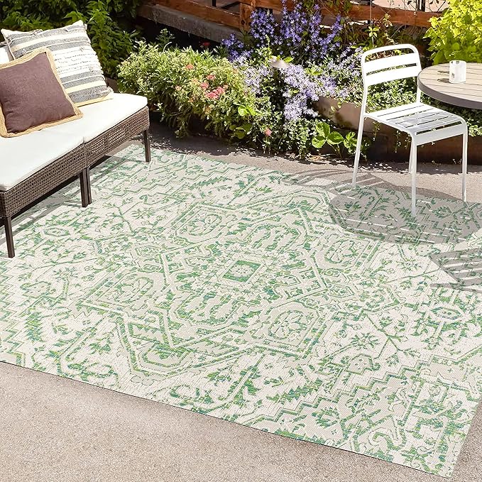JONATHAN Y SMB105G-3 Estrella Bohemian Medallion Textured Weave Indoor Outdoor Area-Rug, Coastal Traditional Easy-Cleaning,Bedroom,Kitchen,Backyard,Patio,Non Shedding, 3 X 5, Green/Cream
