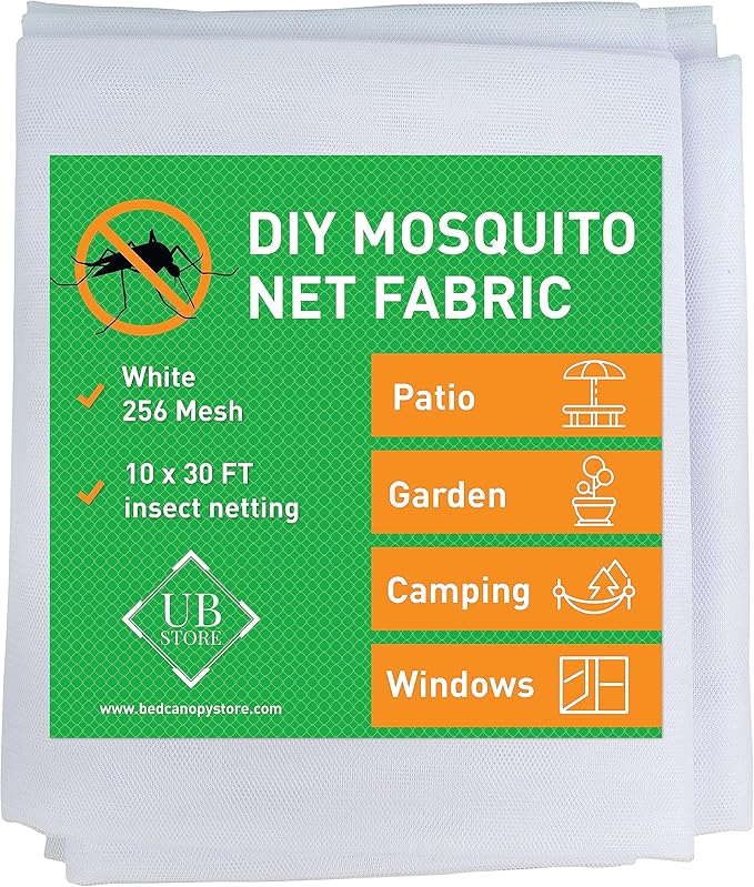 White DIY Mosquito Net Fabric | 10x30 FT Netting | Insect Cover for Garden, Patio, Outdoor & Windows | Multiple Sizes in Black, White & Green | Raised Bed Screen Mesh Barrier