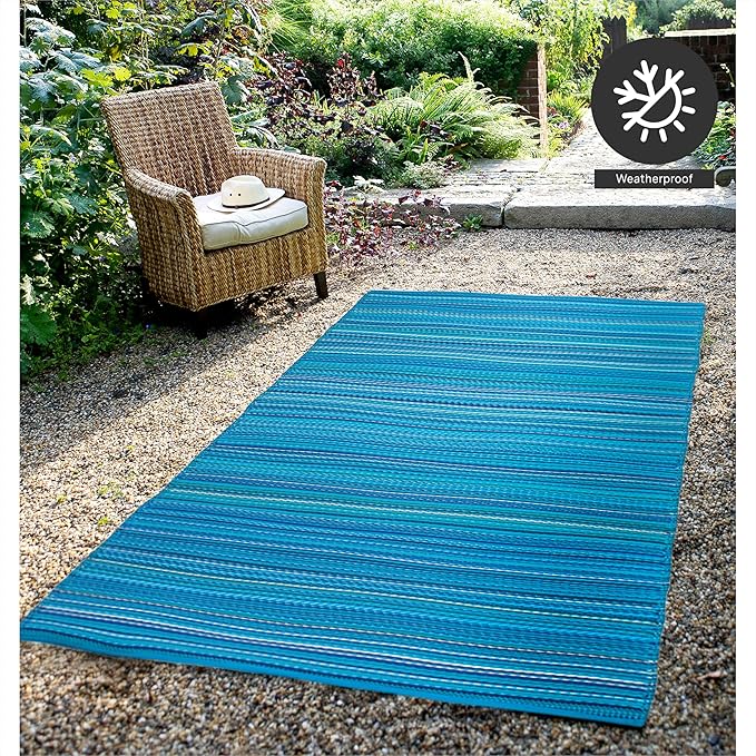 FH Home Outdoor Camping Rug - Waterproof, Fade Resistant, Reversible - Premium Recycled Plastic - Striped - Patio, Deck, Sunroom, RV - Havana - Turquoise - 5 x 8 ft Foldable