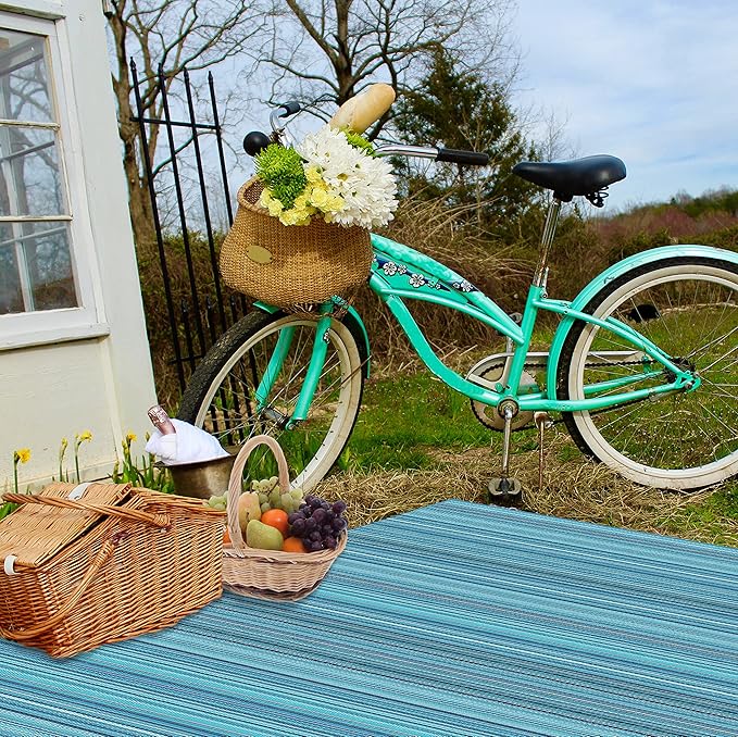 FH Home Outdoor Camping Rug - Waterproof, Fade Resistant, Reversible - Premium Recycled Plastic - Striped - Large Patio, Deck, Sunroom, RV - Havana - Turquoise - 9 x 12 ft Foldable