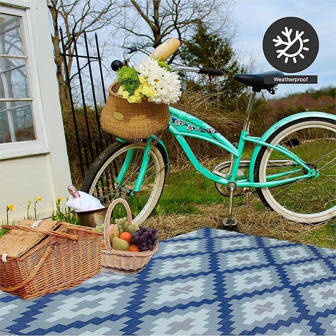 FH Home Outdoor Rug - Waterproof, Fade Resistant, Reversible - Premium Recycled Plastic - Geometric - Patio, Deck, Porch, Balcony, Laundry Room - Aztec Kilim - Blue Multi Crease Free - 4 x 6 ft