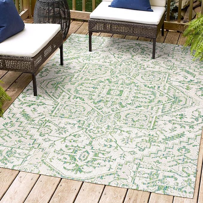 JONATHAN Y SMB105G-3 Estrella Bohemian Medallion Textured Weave Indoor Outdoor Area-Rug, Coastal Traditional Easy-Cleaning,Bedroom,Kitchen,Backyard,Patio,Non Shedding, 3 X 5, Green/Cream