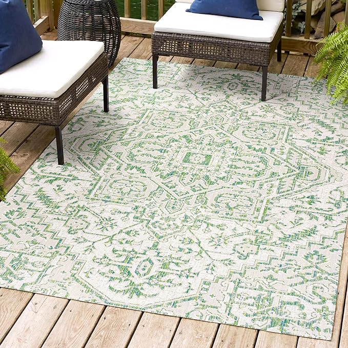 JONATHAN Y SMB105G-5 Estrella Bohemian Medallion Textured Weave Indoor Outdoor Area-Rug, Coastal Traditional Easy-Cleaning,Bedroom,Kitchen,Backyard,Patio,Non Shedding, 5 X 8, Green/Cream