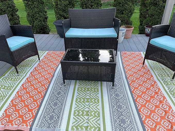 BalajeesUSA Outdoor Rugs 9x12 ft Large Plastic Patio Green, Orange Affordable Multipurpose Woven Plastic Straw All-Weather Waterproof Reversible Camper mat Backyard Picnic Sports Camps Tent