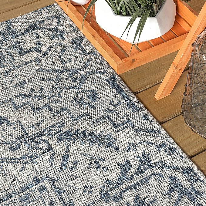 JONATHAN Y SMB105B-214 Estrella Bohemian Medallion Textured Weave Indoor/Outdoor Runner Rug, Coastal, Traditional, Vintage for Bedroom, Kitchen, Living Room, Easy-Cleaning, Navy/Gray, 2 ft. x 14 ft.