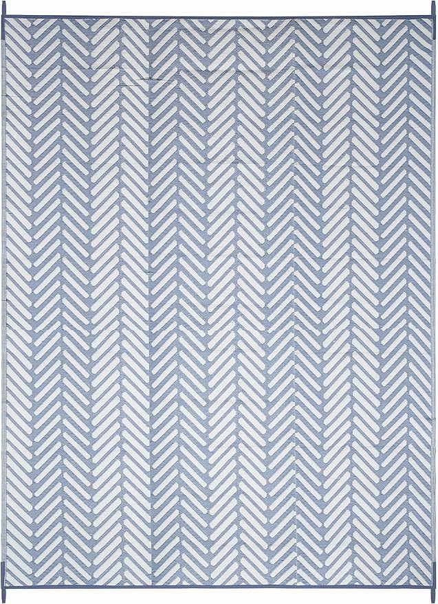 FH Home Outdoor Camping Rug - Waterproof, Fade Resistant, Reversible - Premium Recycled Plastic - Herringbone - Large Patio, Deck, Sunroom, RV - Fresno - Light Blue - 9 x 12 ft Foldable