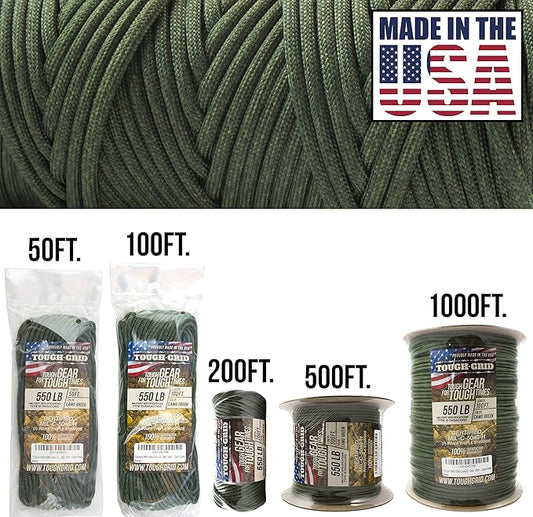 TOUGH-GRID Premium Camo Green Paracord 550 lbs Made in USA Outdoor Survival Nylon Rope Tactical Heavy Duty Strands Parachute Cord Used by US Military Type III Mil-Spec
