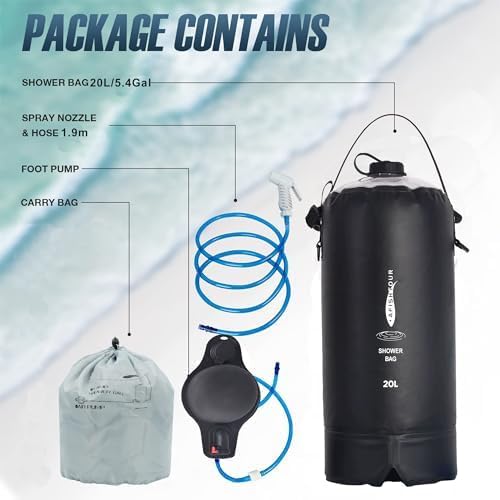 Portable Camping Shower Bag - 10L/2.2 Gallons 20/5 Gallons Solar Shower Water Bag with Foot Pump, Hose and Shower Head - Camp Shower for Camping, Beach, Travel, Outdoor Activities