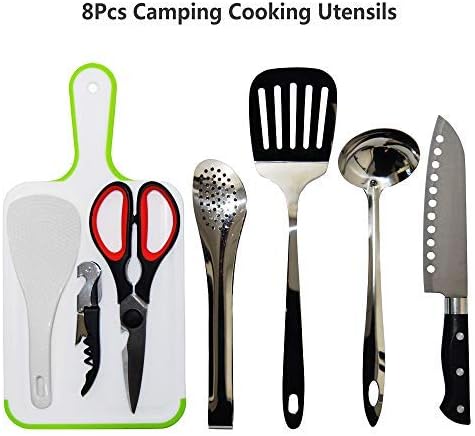 Camp Kitchen Utensil Organizer Travel Set Portable BBQ Camping Cookware Stainless Steel Utensils Travel Kit Outdoor Equipment Cutting Board Tongs Scissors Knife Ladle Spatula