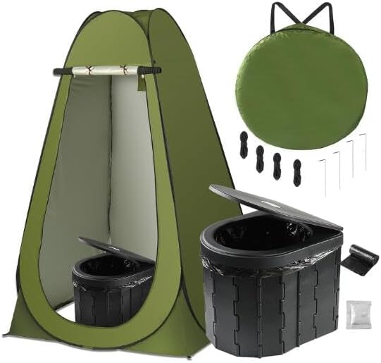 Portable Toilet Kit for Camping, XL Large Pop Up Privacy Tent and Toilet Bags, Washable Outdoor Showers Changing Rooms with Carry Bag （Green）