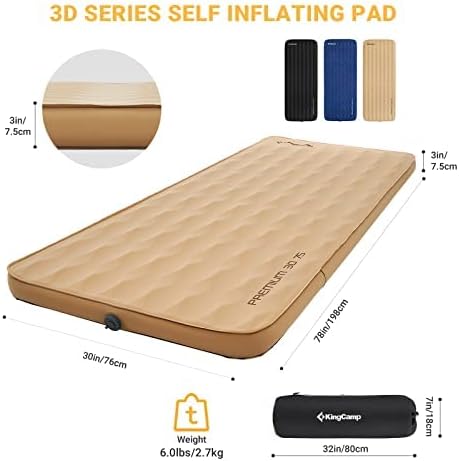 KingCamp Sleeping Pad for Camping, R 7.9 Self-Inflating Sleeping Pad 3" Thick Camping Mattress Foam Mat with 3D Sidewalls & Wave Surface Cut for Outdoor Tent Cot Car Backpacking, PVC Free (Khaki)