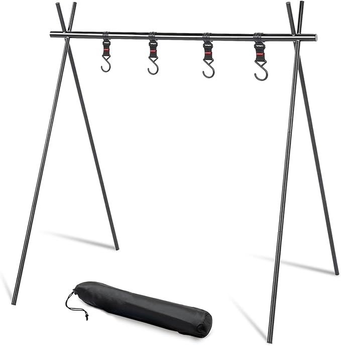 Foldable Tripod Camping Hanging Rack - 4 Hooks Outdoor Cookware Storage Portable, Outdoor Camping Folding Rack (Large)