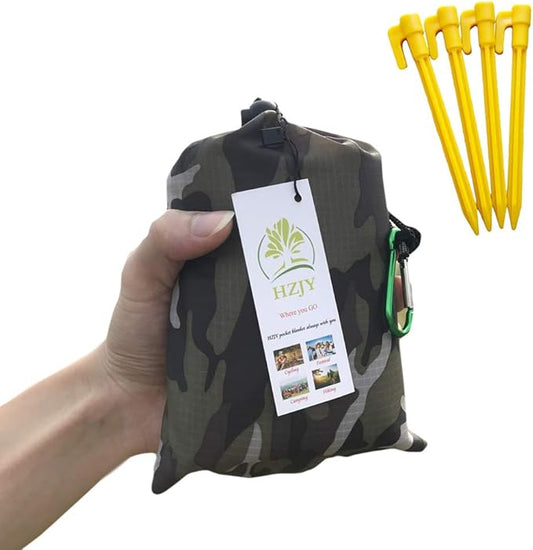 Outdoor Blanket (71" x 55") -Compact, Lightweight, Sand Proof Pocket Blanket Best Mat for The Beach, Hiking, Travel, Camping, Festivals with Pockets, Loops, Stakes, Carabiner