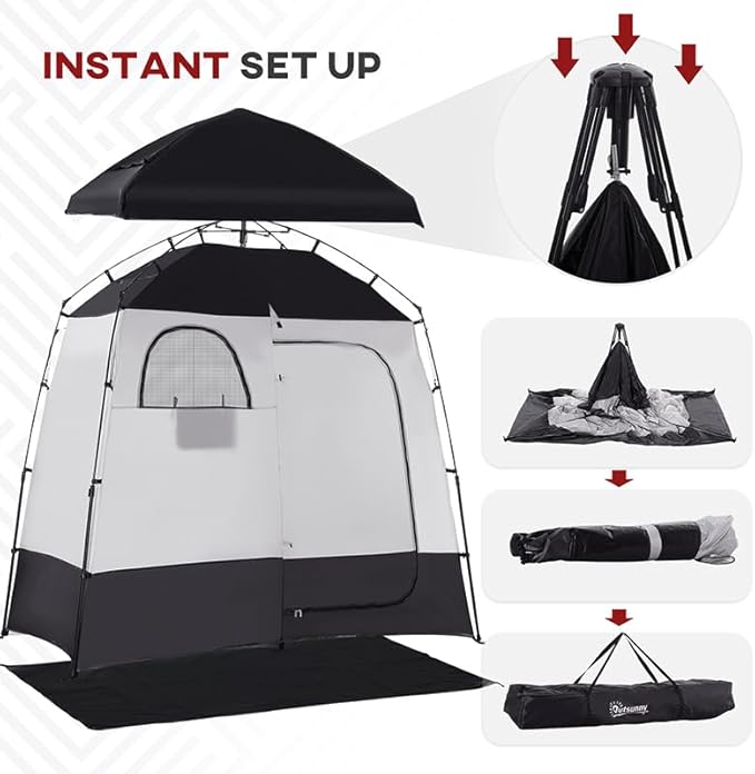 Outsunny Shower Tent, Pop Up Privacy Shelter for Camping, Dressing Changing Room, Portable Instant Outdoor Shower Tent Enclosure w/ 2 Rooms, Shower Bag, Floor and Carrying Bag