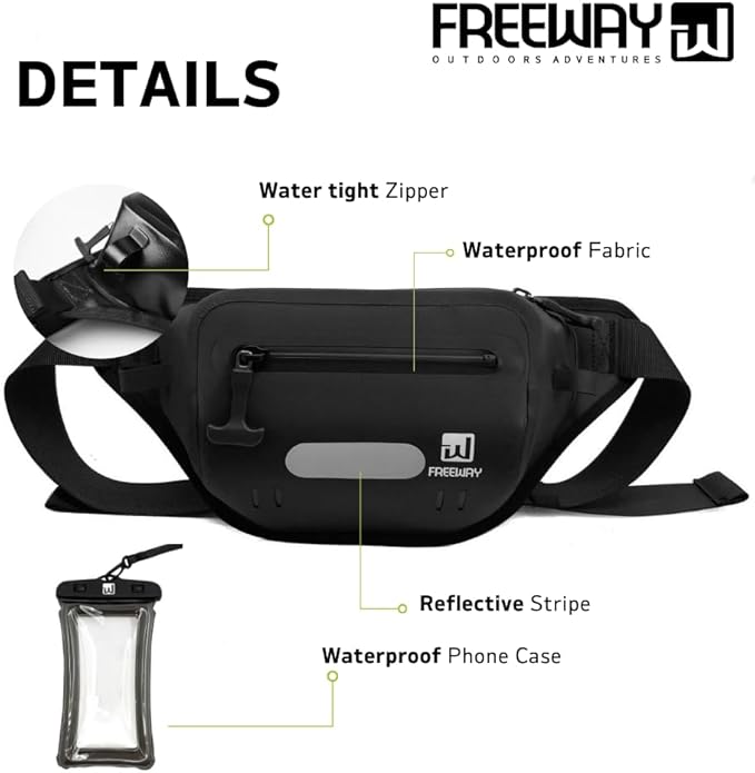 Premium Dry Bag Waterproof Fanny Pack for Water Sports – 100% Waterproof with Reflective Strip – Ideal for Snorkeling, Kayaking, Surfing, Boating & Paddle Boarding – Adjustable Waist Belt (Black)