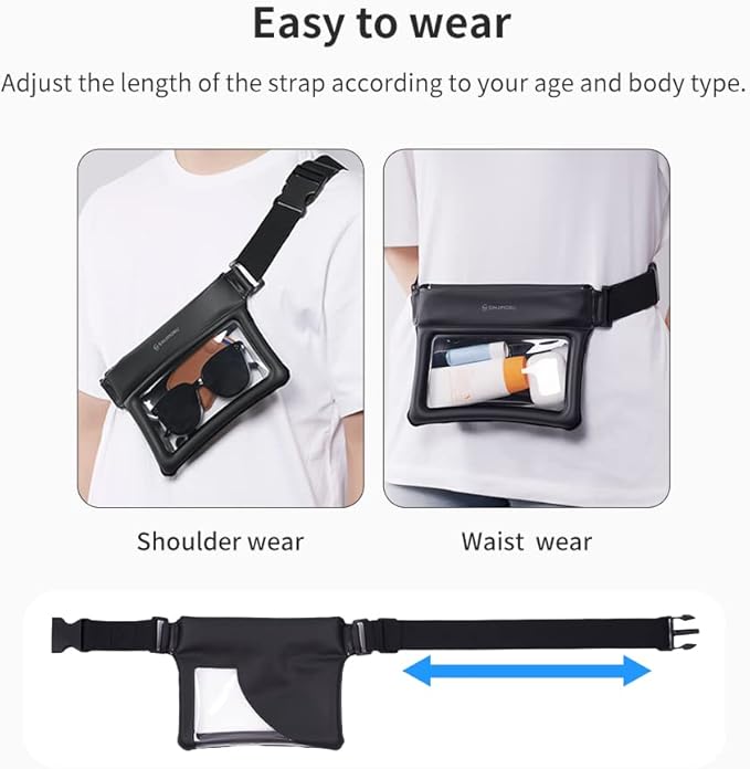 Sinjimoru Clear Waterproof Fanny Pack, Adjustable Strap Floating Crossbody Waist Belt for Swimming Paddling Snorkeling, Lockable Travel Beach Bag - Black