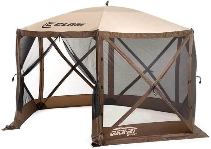CLAM Pop Up Screen Tent & Shelter, Outdoor Camping Gazebo w/ 6 Wind Panels, 11.5', Brown
