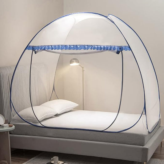 Mengersi Mosquito Net Tent for Bed,Pop-Up Bed Canopy with Net Bottom,Mosquito Netting Bed Tent for Kids Girls Boys,Bed,Suit for Indoor Outdoor (Full/Queen, Blue)