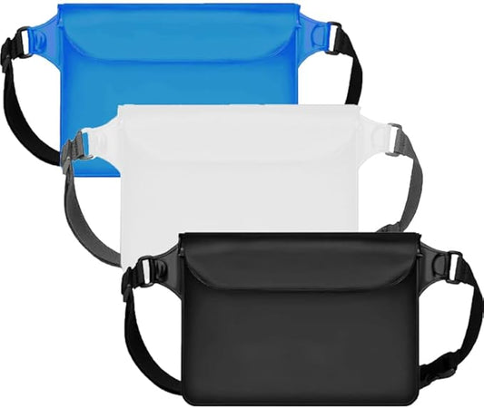 3-Pack Waterproof Bag with Adjustable Waistband and Touch Sensitive Screen, Keeping Your Phone and Valuables Dry, Perfect for Drifting, Swimming, Kayaking, Rowing, Fishing… (Black+White+Bule)