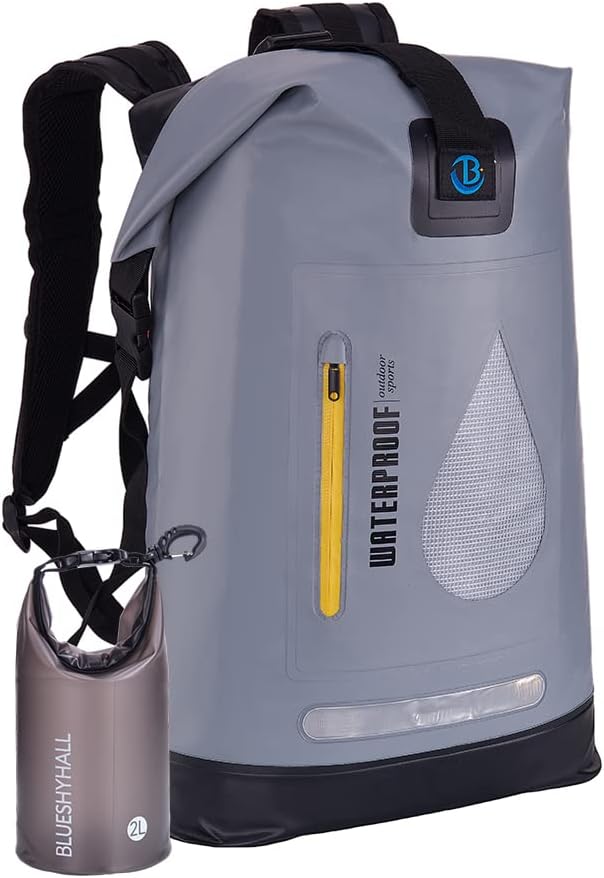 Blueshyhall 20L Waterproof Dry Backpack, Outdoor Travel Roll Top Closure Water Repellent Duffle Storage Sack for Kayaking Rafting Boating Fishing Camping and Beach - Grey