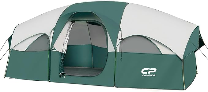 CAMPROS CP Tent 8 Person Camping Tents, Weather Resistant Family Tent, 5 Large Mesh Windows, Double Layer, Divided Curtain for Separated Room, Portable with Carry Bag