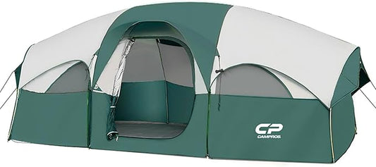 CAMPROS CP Tent 8 Person Camping Tents, Weather Resistant Family Tent, 5 Large Mesh Windows, Double Layer, Divided Curtain for Separated Room, Portable with Carry Bag