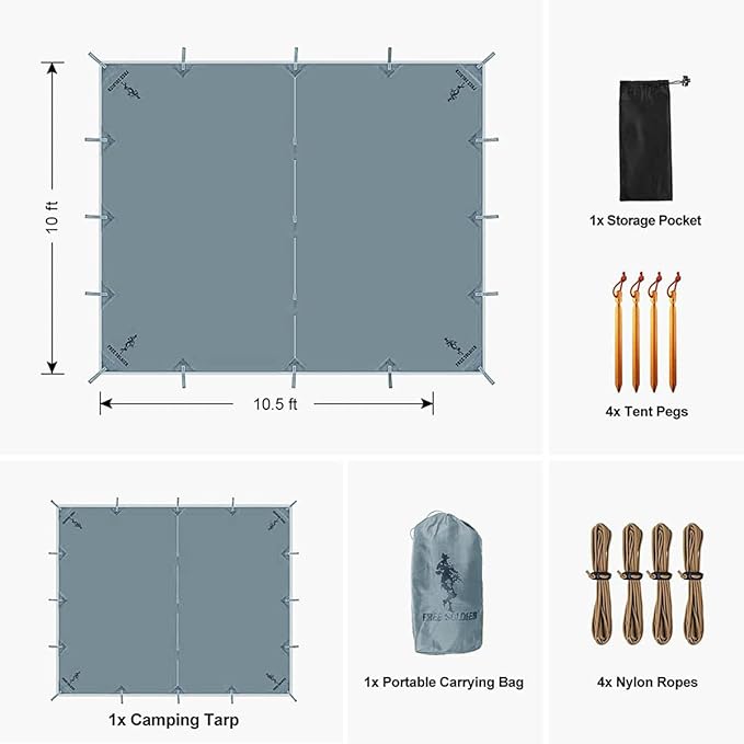FREE SOLDIER Waterproof Portable Tarp, 10x10.5ft, Blue Gray, Camping, Backpacking, Hiking, Fishing, Hunting