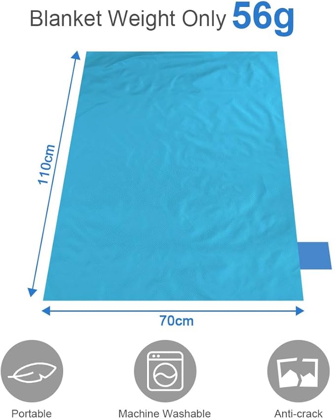Picnic Blanket, Mini Pocket Beach Mat 27.5 x 43.3IN (1-2 People) Foldable, Lightweight Waterproof Sand Free, Foldable Thin Ground Sheet for Outdoor Camping Hiking Travel - with Hand Strap